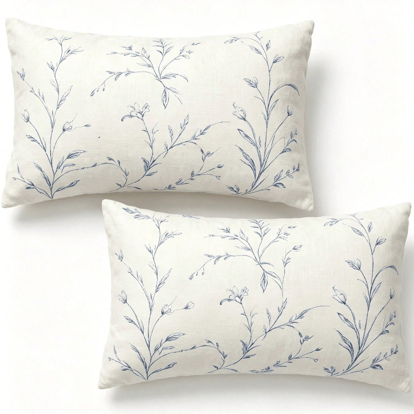2PCS Blue Wildflower Lumbar Pillow Cover, Off-White Vintage Floral Stem Rectangular Cushion Cover, Farmhouse-Style Sofa Home Decor, Single-Sided, Pillow Insert Not Included