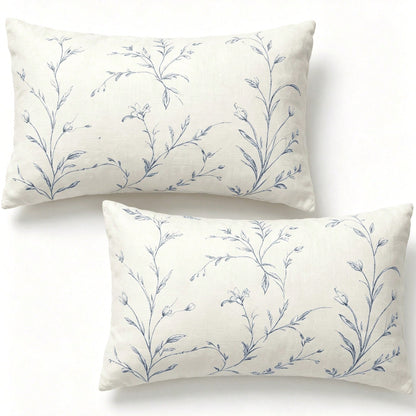 2PCS Blue Wildflower Lumbar Pillow Cover, Off-White Vintage Floral Stem Rectangular Cushion Cover, Farmhouse-Style Sofa Home Decor, Single-Sided, Pillow Insert Not Included