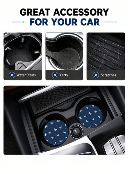 2pcs Bow Pattern Leather Car Cup Holder Mats, Non-Slip Round Cup Coaster Design, Universal Car Cup Holder Liners, Easy To Clean Universal Car Cup Holder Liners, Suitable For Car Interior Decoration, G