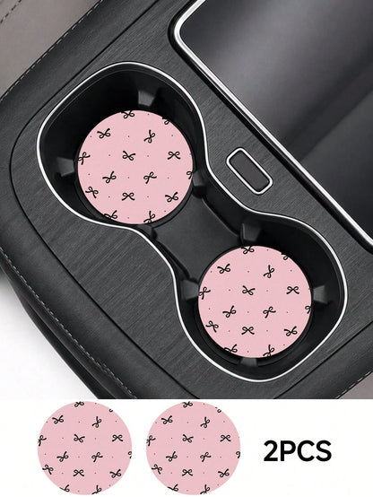 2pcs Bow Pattern Leather Car Cup Holder Mats, Non-Slip Round Cup Coaster Design, Universal Car Cup Holder Liners, Easy To Clean Universal Car Cup Holder Liners, Suitable For Car Interior Decoration, G