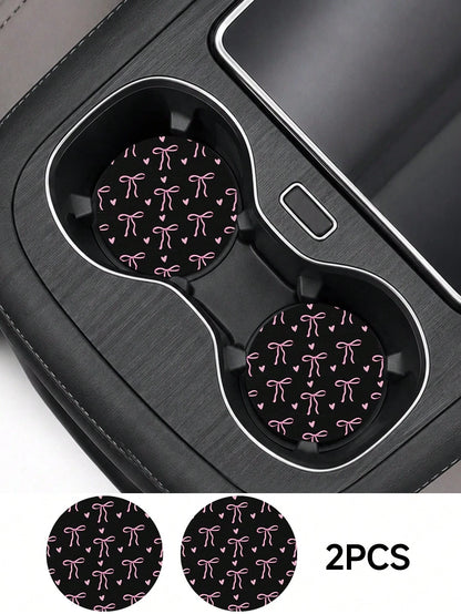 2pcs Bow Pattern Leather Car Cup Holder Mats, Non-Slip Round Cup Coaster Design, Universal Car Cup Holder Liners, Easy To Clean Universal Car Cup Holder Liners, Suitable For Car Interior Decoration, G