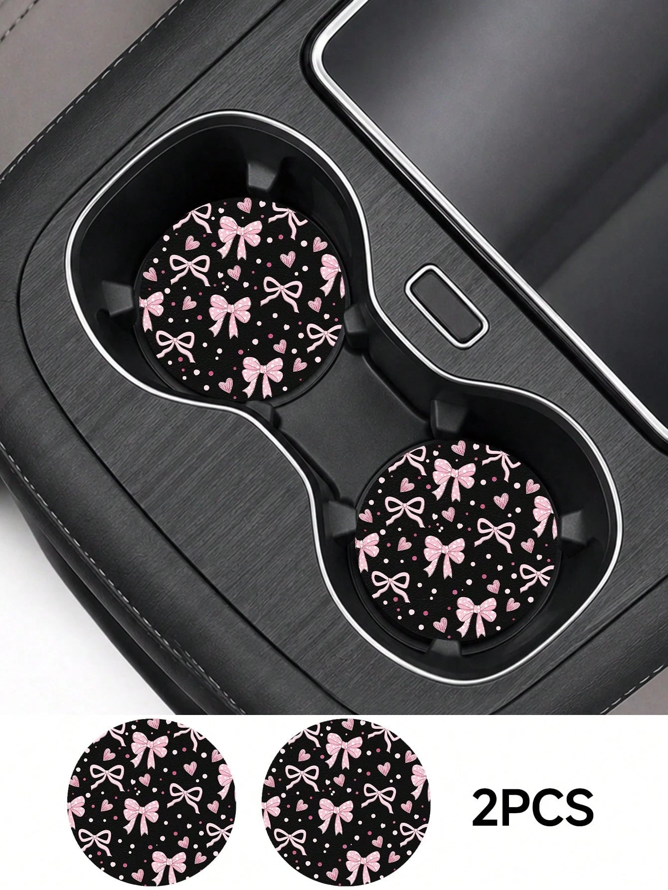 2pcs Bow Pattern Leather Car Cup Holder Mats, Non-Slip Round Cup Coaster Design, Universal Car Cup Holder Liners, Easy To Clean Universal Car Cup Holder Liners, Suitable For Car Interior Decoration, G