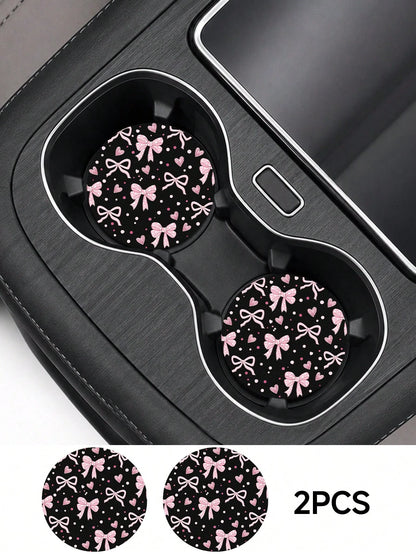 2pcs Bow Pattern Leather Car Cup Holder Mats, Non-Slip Round Cup Coaster Design, Universal Car Cup Holder Liners, Easy To Clean Universal Car Cup Holder Liners, Suitable For Car Interior Decoration, G
