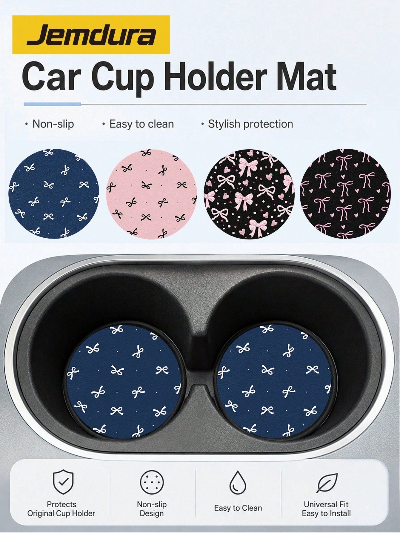 2pcs Bow Pattern Leather Car Cup Holder Mats, Non-Slip Round Cup Coaster Design, Universal Car Cup Holder Liners, Easy To Clean Universal Car Cup Holder Liners, Suitable For Car Interior Decoration, G