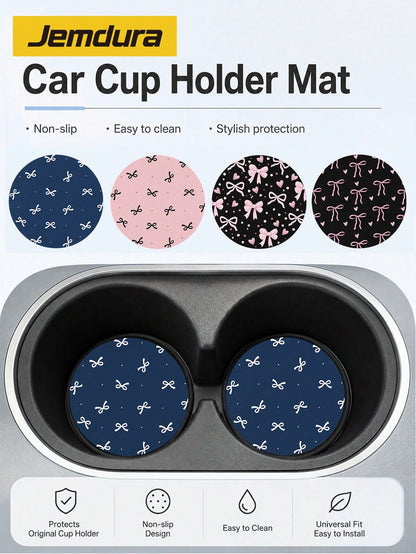 2pcs Bow Pattern Leather Car Cup Holder Mats, Non-Slip Round Cup Coaster Design, Universal Car Cup Holder Liners, Easy To Clean Universal Car Cup Holder Liners, Suitable For Car Interior Decoration, G