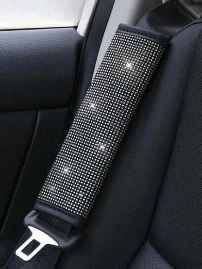 2pcs Car Seat Belt Cover Shoulder Protection Set With Sparkling Rhinestone Leather Seat Belt Cover Suitable For All Cars,Car Accessories