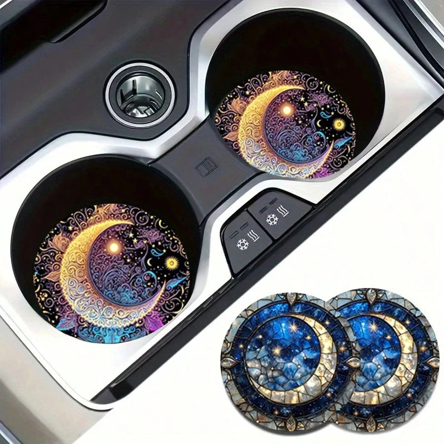 2pcs Colorful Moon Car Cup Holders, 2.8 Inch Round Decorative Car Cup Mats, Home And Auto Drink Coasters, Unisex Car Interior Accessories, Decorative Coasters, Suitable As Gifts For Family And Friends