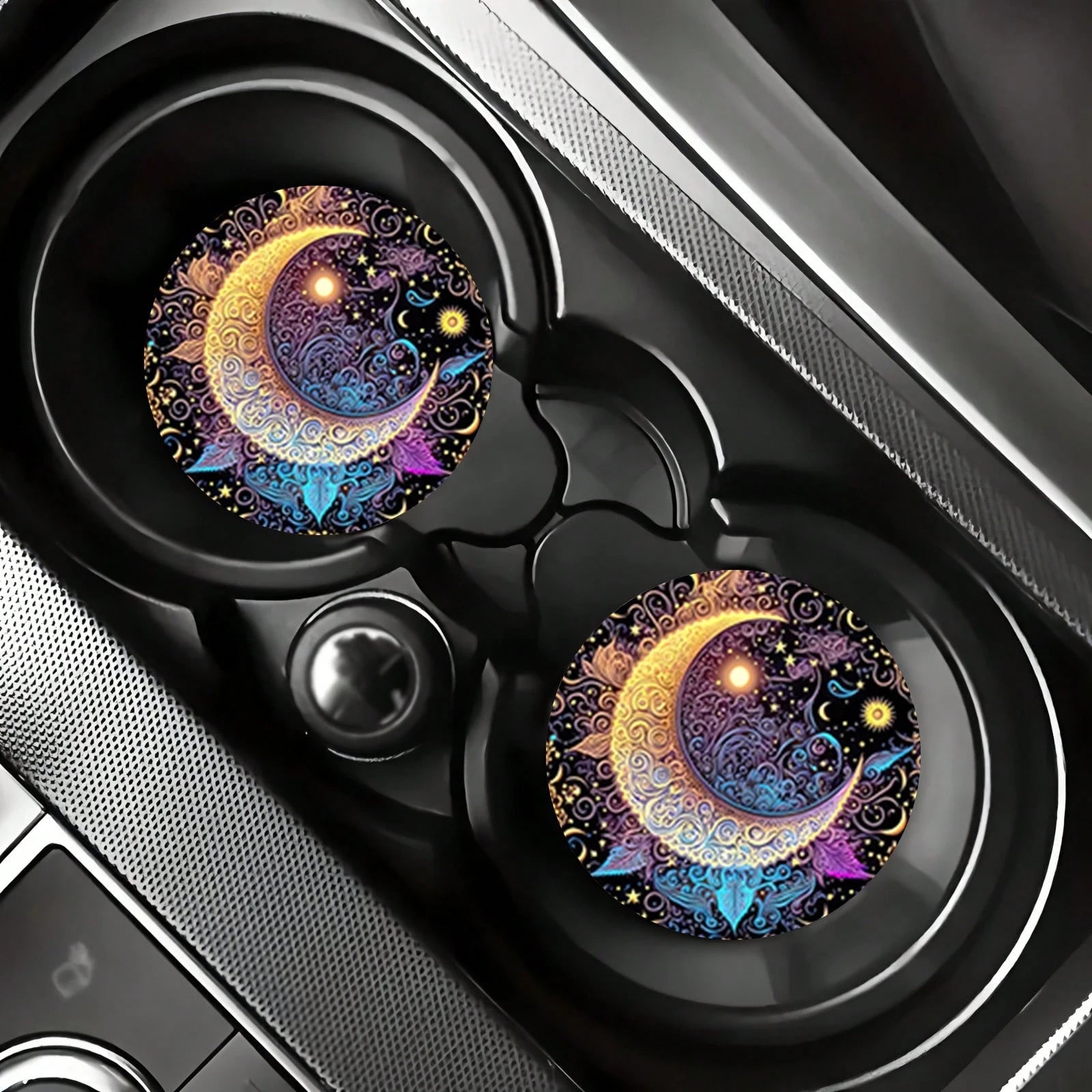 2pcs Colorful Moon Car Cup Holders, 2.8 Inch Round Decorative Car Cup Mats, Home And Auto Drink Coasters, Unisex Car Interior Accessories, Decorative Coasters, Suitable As Gifts For Family And Friends