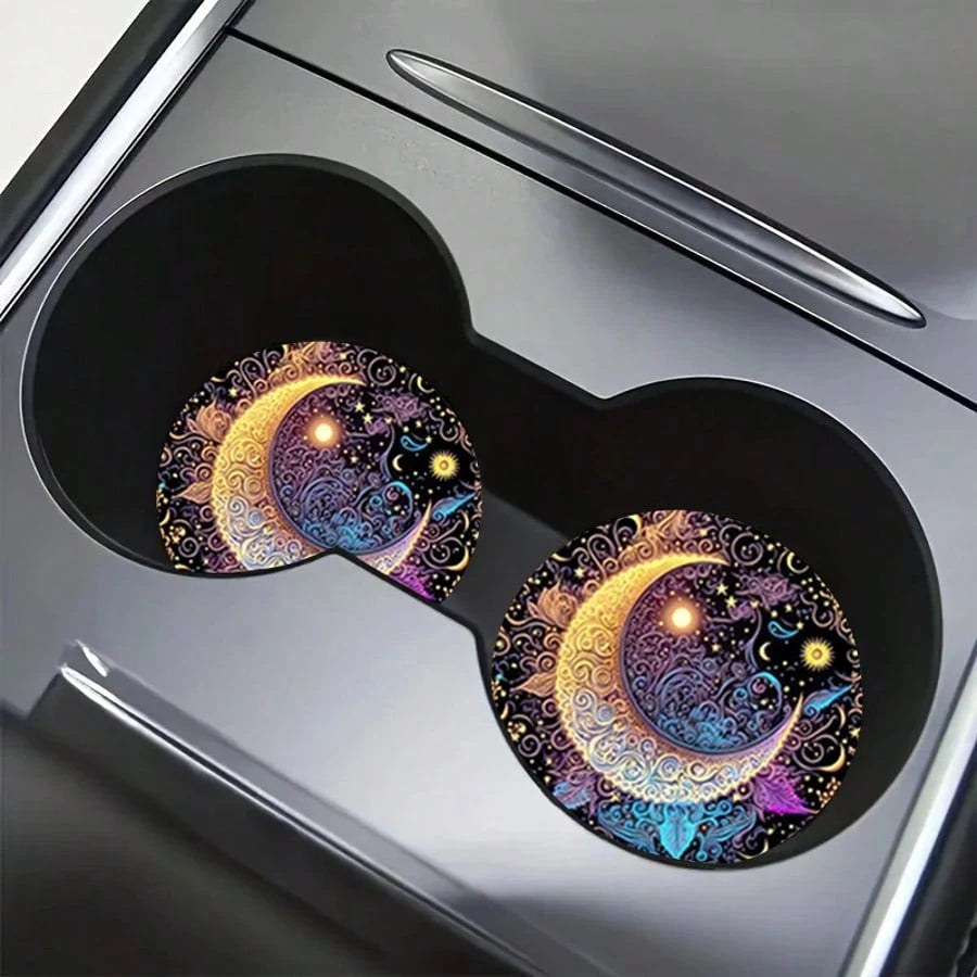 2pcs Colorful Moon Car Cup Holders, 2.8 Inch Round Decorative Car Cup Mats, Home And Auto Drink Coasters, Unisex Car Interior Accessories, Decorative Coasters, Suitable As Gifts For Family And Friends