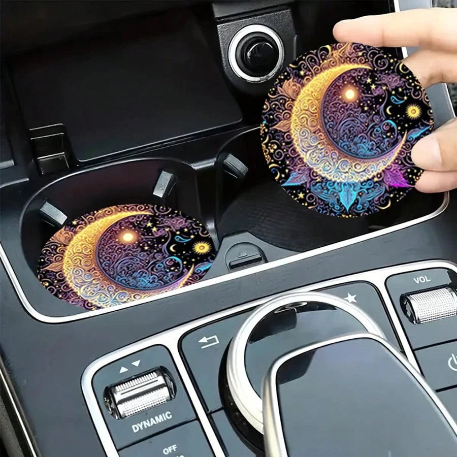 2pcs Colorful Moon Car Cup Holders, 2.8 Inch Round Decorative Car Cup Mats, Home And Auto Drink Coasters, Unisex Car Interior Accessories, Decorative Coasters, Suitable As Gifts For Family And Friends
