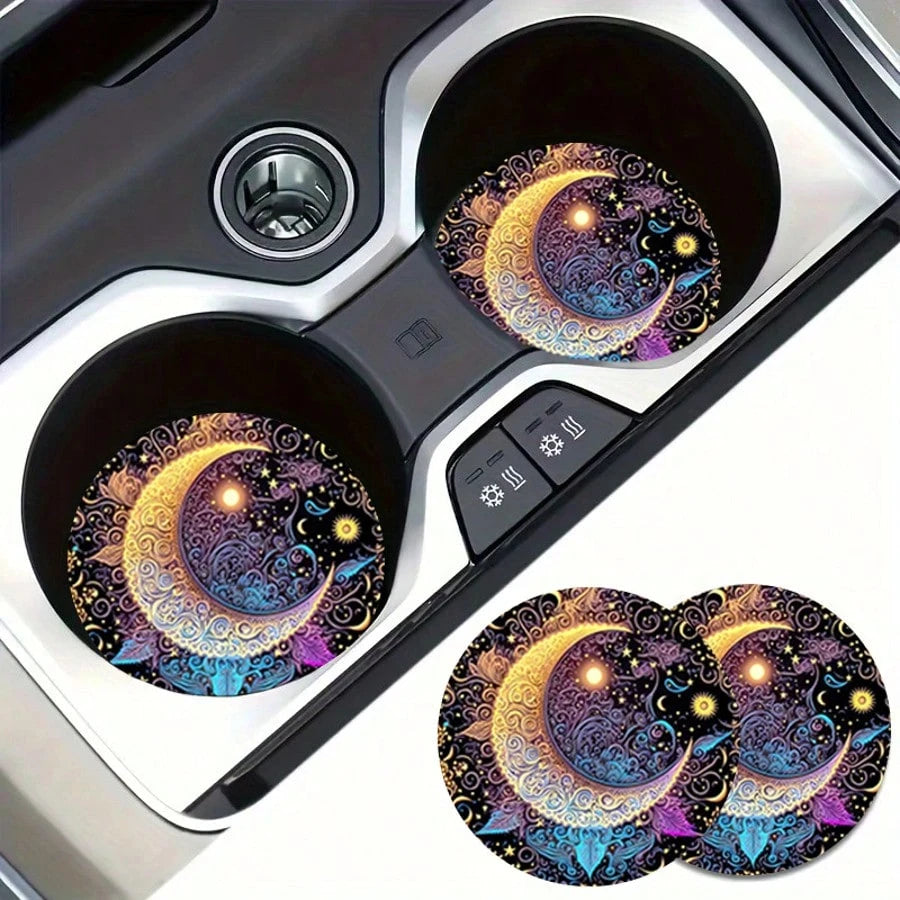 2pcs Colorful Moon Car Cup Holders, 2.8 Inch Round Decorative Car Cup Mats, Home And Auto Drink Coasters, Unisex Car Interior Accessories, Decorative Coasters, Suitable As Gifts For Family And Friends
