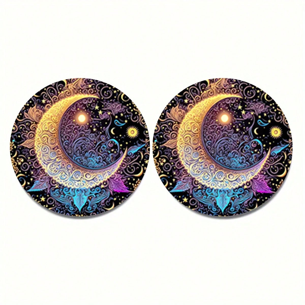 2pcs Colorful Moon Car Cup Holders, 2.8 Inch Round Decorative Car Cup Mats, Home And Auto Drink Coasters, Unisex Car Interior Accessories, Decorative Coasters, Suitable As Gifts For Family And Friends