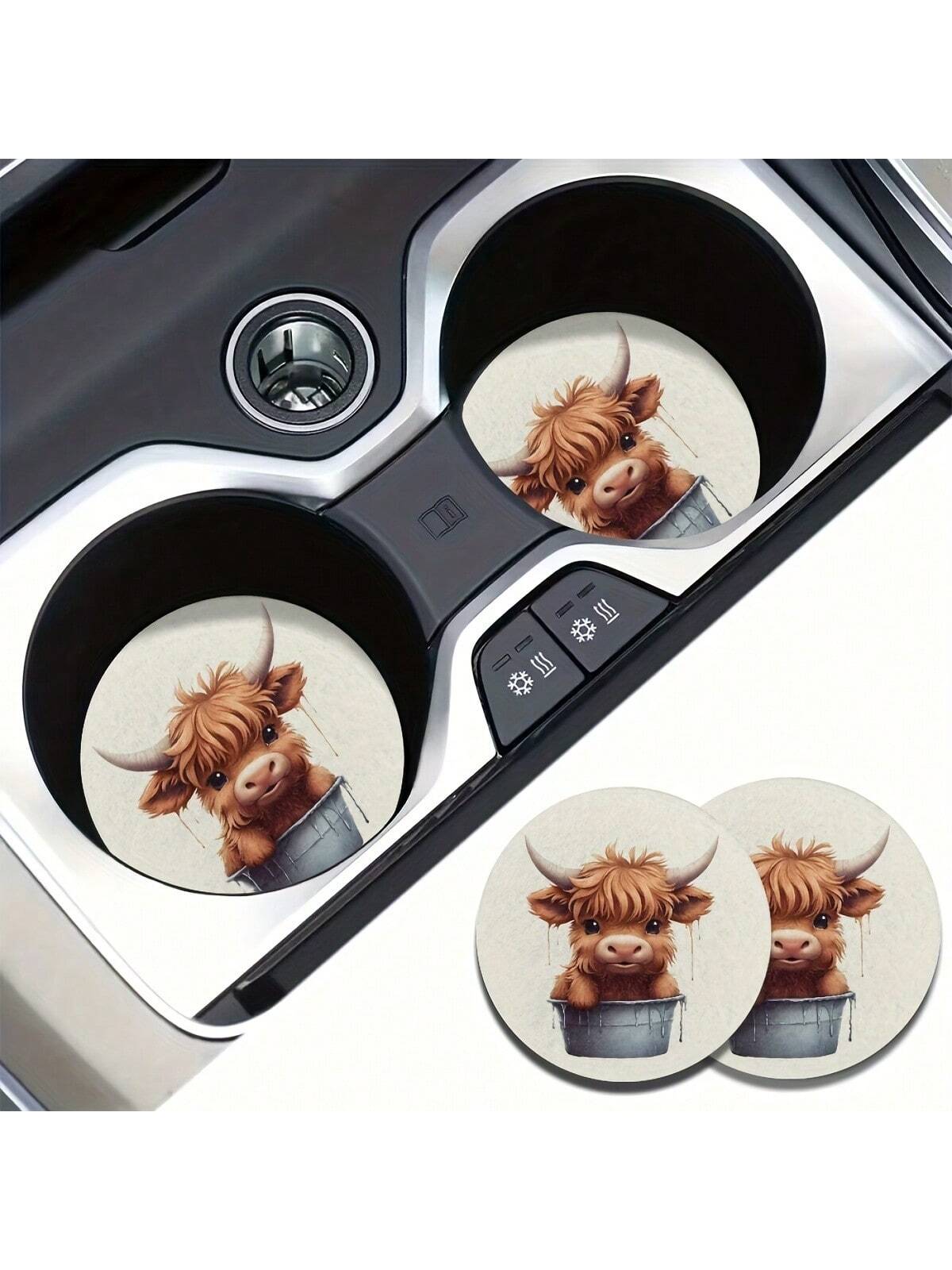 2pcs Cow Water Absorbable Car Cup Holder Coaster Mats- Car Interior Accessories For Women, Cup Coasters For Car Vehicles & Home Desk