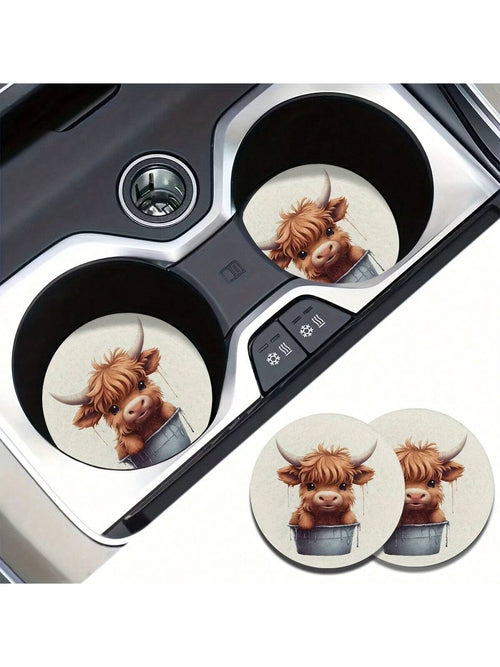 2pcs Cow Water Absorbable Car Cup Holder Coaster Mats- Car Interior Accessories For Women, Cup Coasters For Car Vehicles & Home Desk