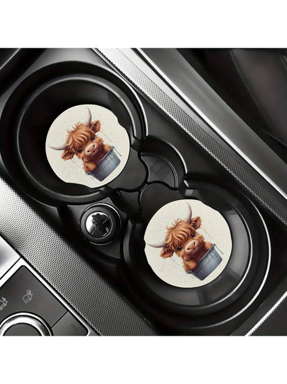 2pcs Cow Water Absorbable Car Cup Holder Coaster Mats- Car Interior Accessories For Women, Cup Coasters For Car Vehicles & Home Desk