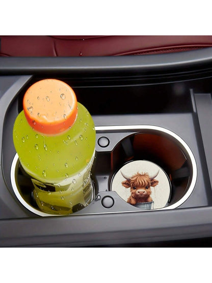 2pcs Cow Water Absorbable Car Cup Holder Coaster Mats- Car Interior Accessories For Women, Cup Coasters For Car Vehicles & Home Desk
