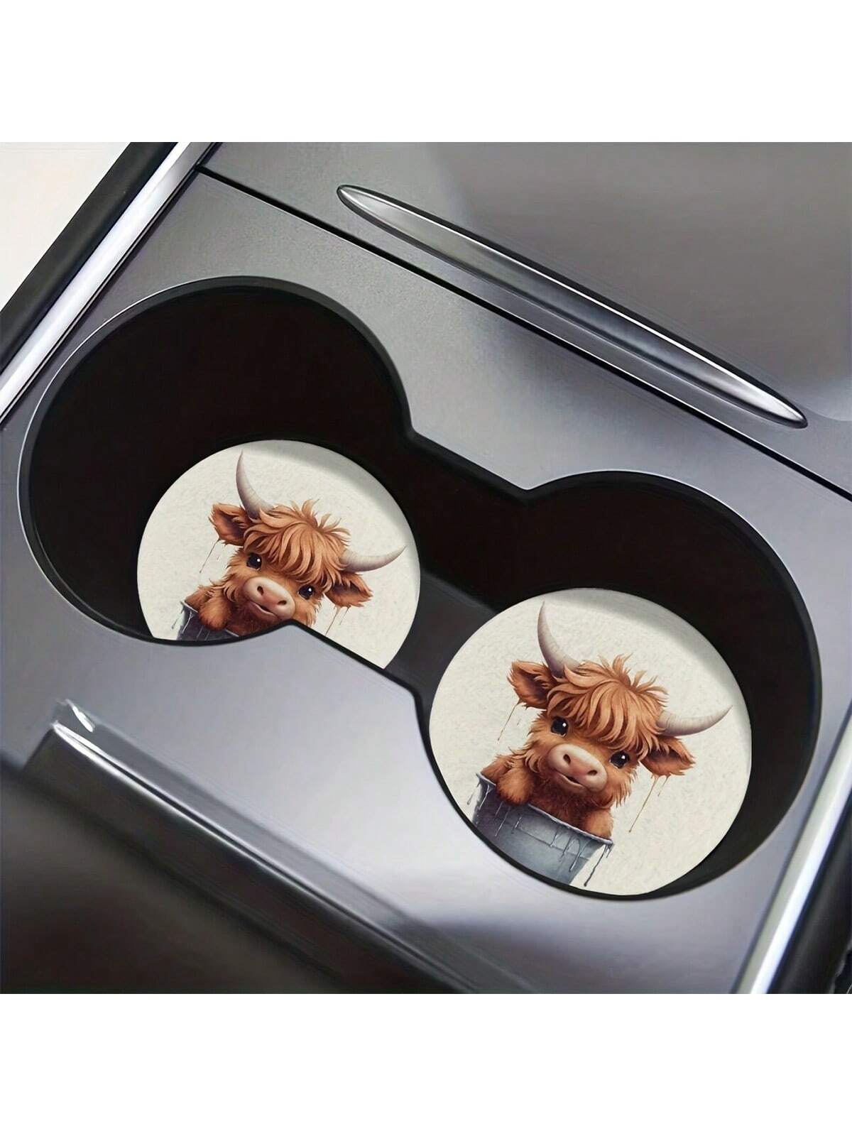 2pcs Cow Water Absorbable Car Cup Holder Coaster Mats- Car Interior Accessories For Women, Cup Coasters For Car Vehicles & Home Desk