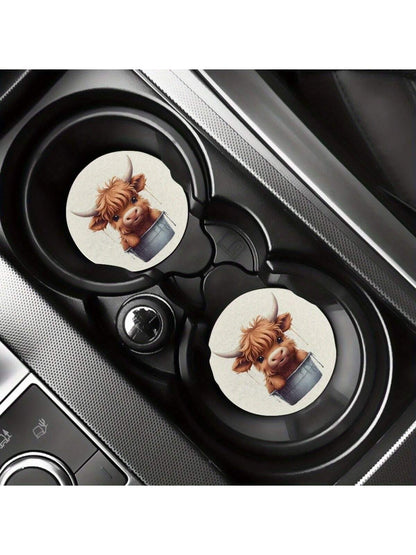 2pcs Cow Water Absorbable Car Cup Holder Coaster Mats- Car Interior Accessories For Women, Cup Coasters For Car Vehicles & Home Desk