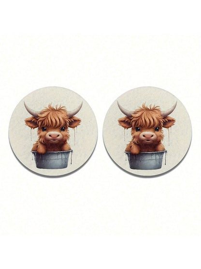 2pcs Cow Water Absorbable Car Cup Holder Coaster Mats- Car Interior Accessories For Women, Cup Coasters For Car Vehicles & Home Desk