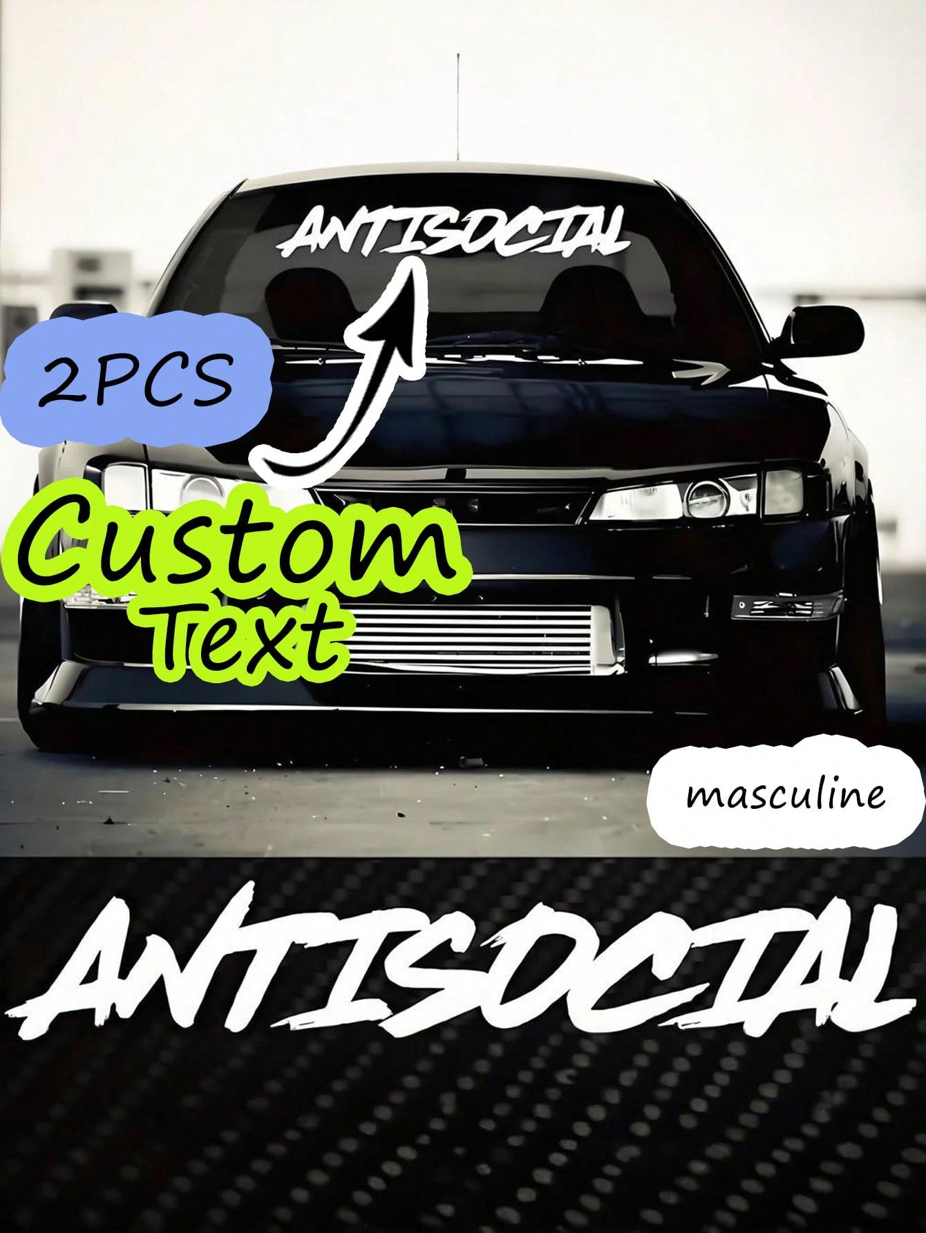 2pcs Customized Text Font Car Front Windshield Stickers, Macho & Stylish Calligraphy Font, Eye-Catching For Cruising, Car Exterior Accessories For BMW, Mercedes-Benz, Audi, Etc. Unisex Social Necessit