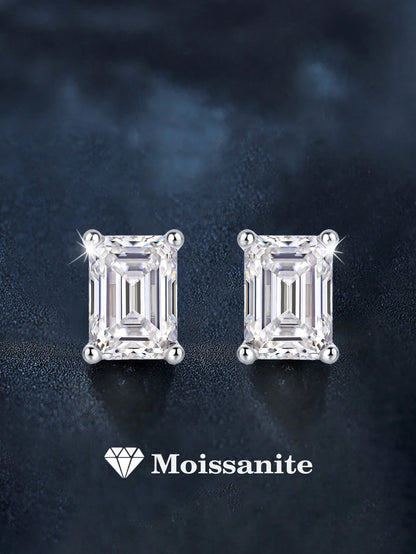 2pcs Elegant 925 Silver 2 Carat Emerald Cut Moissanite Square Stud Earrings, Suitable For Women's Daily Wear, Party, Vacation, Unisex Jewelry Gift For Mother's Day, Wedding Anniversary, Birthday
