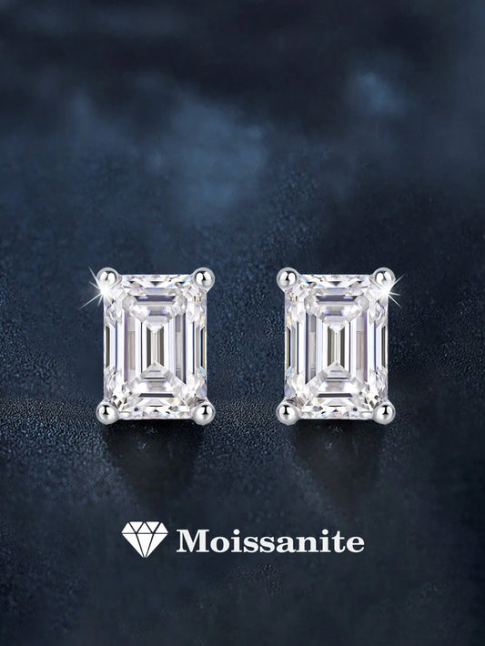 2pcs Elegant 925 Silver 2 Carat Emerald Cut Moissanite Square Stud Earrings, Suitable For Women's Daily Wear, Party, Vacation, Unisex Jewelry Gift For Mother's Day, Wedding Anniversary, Birthday