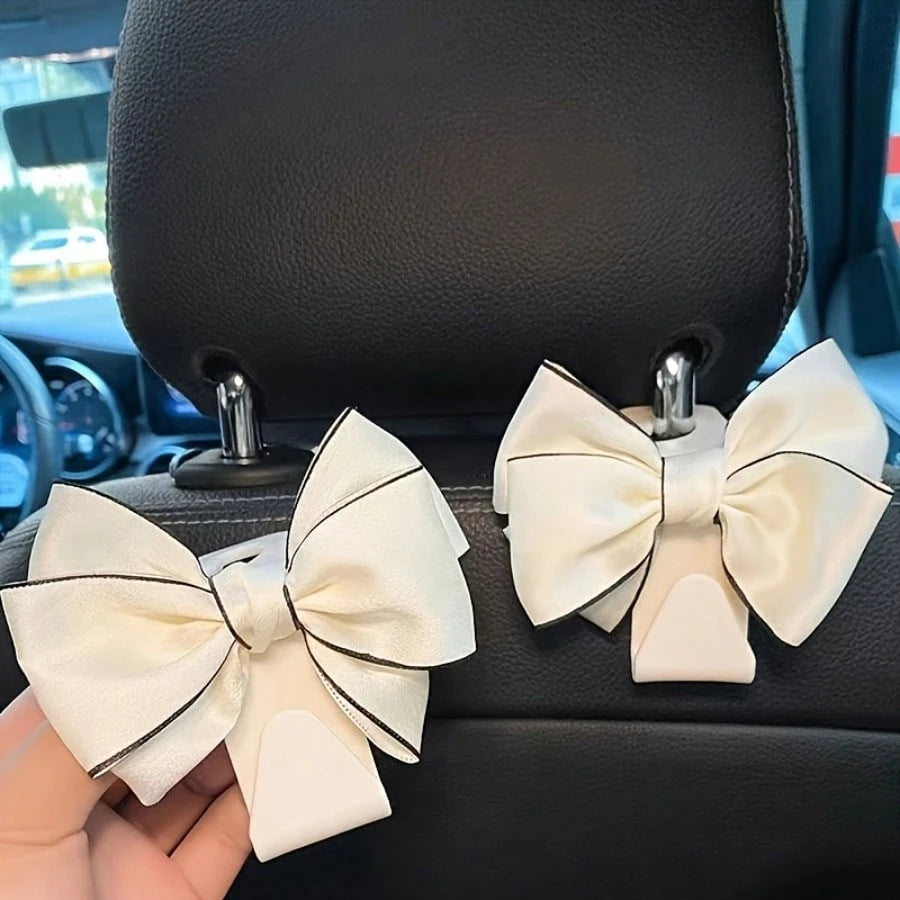2pcs Elegant Bow-Knot Car Seat Headrest Hooks- White Multifunctional Headrest Hanger, For Vehicle Storage And Organization, Fashionable Car Interior Accessories, Car Seat Accessories
