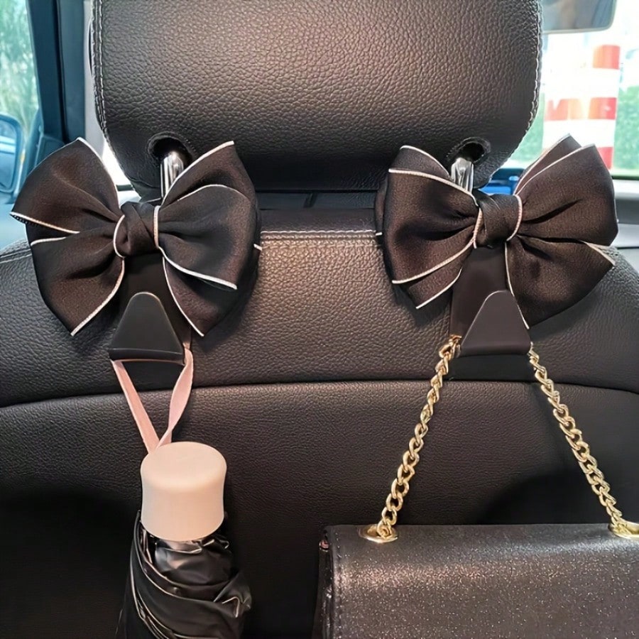 2pcs Elegant Bow-Knot Car Seat Headrest Hooks- White Multifunctional Headrest Hanger, For Vehicle Storage And Organization, Fashionable Car Interior Accessories, Car Seat Accessories