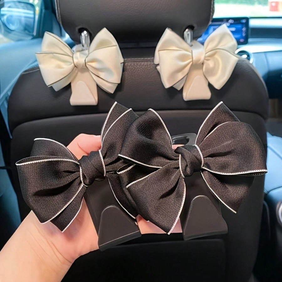 2pcs Elegant Bow-Knot Car Seat Headrest Hooks- White Multifunctional Headrest Hanger, For Vehicle Storage And Organization, Fashionable Car Interior Accessories, Car Seat Accessories