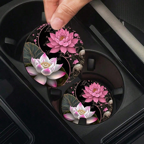 2pcs Elegant Pink & White For Lotus Design Water Absorbent Coasters- Perfect For Car Cup Holders, Home & Office Drink Mats, Durable & Stylish For All Models, Car Cup Holder Accessories