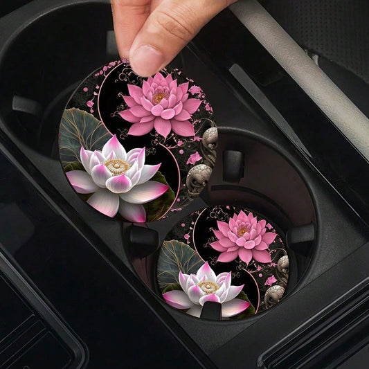 2pcs Elegant Pink & White For Lotus Design Water Absorbent Coasters- Perfect For Car Cup Holders, Home & Office Drink Mats, Durable & Stylish For All Models, Car Cup Holder Accessories