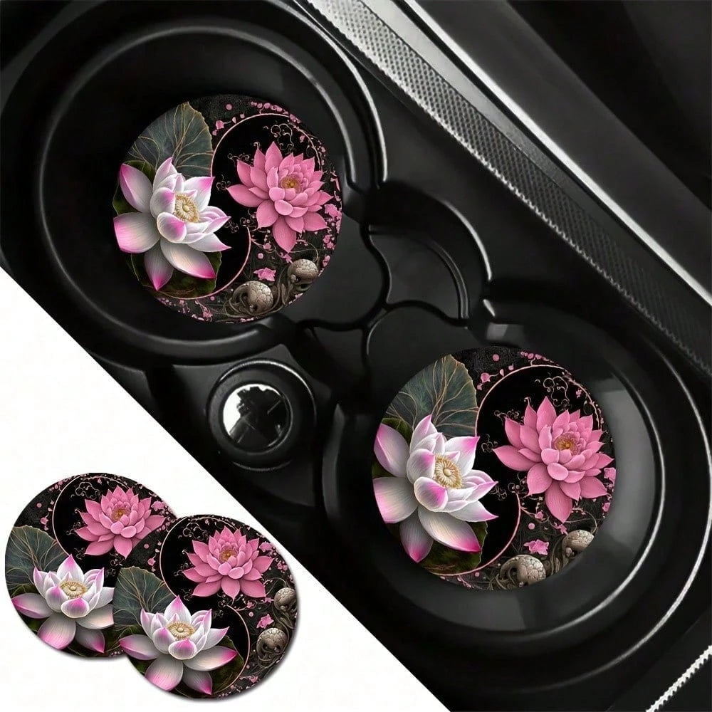 2pcs Elegant Pink & White For Lotus Design Water Absorbent Coasters- Perfect For Car Cup Holders, Home & Office Drink Mats, Durable & Stylish For All Models, Car Cup Holder Accessories