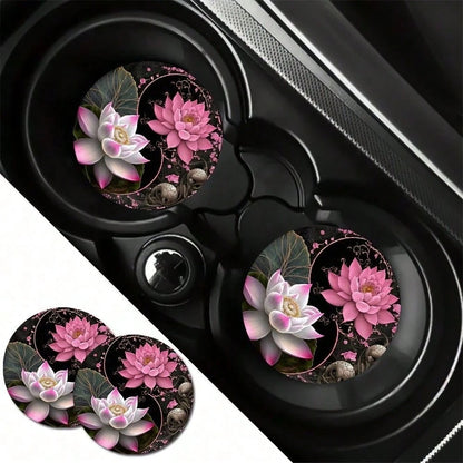 2pcs Elegant Pink & White For Lotus Design Water Absorbent Coasters- Perfect For Car Cup Holders, Home & Office Drink Mats, Durable & Stylish For All Models, Car Cup Holder Accessories