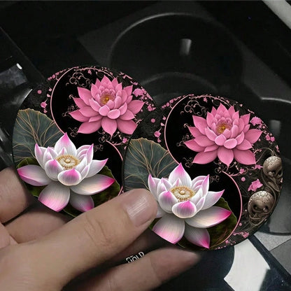 2pcs Elegant Pink & White For Lotus Design Water Absorbent Coasters- Perfect For Car Cup Holders, Home & Office Drink Mats, Durable & Stylish For All Models, Car Cup Holder Accessories