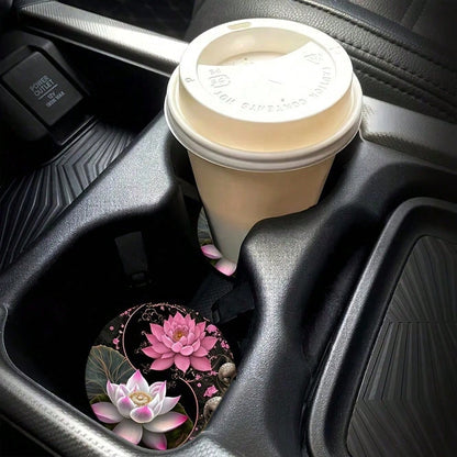 2pcs Elegant Pink & White For Lotus Design Water Absorbent Coasters- Perfect For Car Cup Holders, Home & Office Drink Mats, Durable & Stylish For All Models, Car Cup Holder Accessories