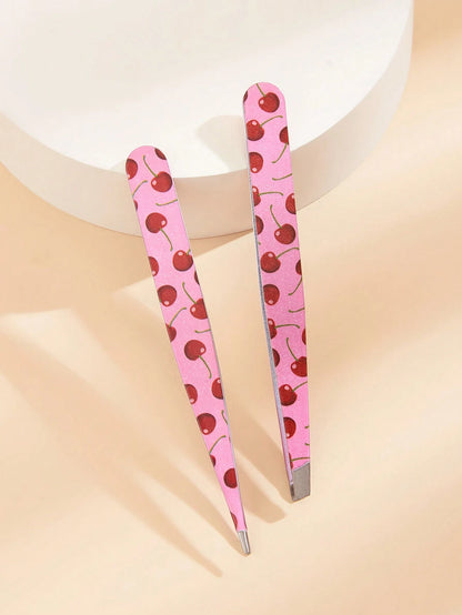 2pcs Fruit Print Tweezers, Cute & Practical Eyebrow Grooming Makeup Tool, High-Quality Stainless Steel Eyebrow Plucker, Suitable For Hair Removal, Picking And False Eyelashes, Nail Art Decoration, Eye