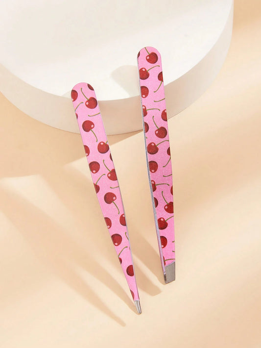 2pcs Fruit Print Tweezers, Cute & Practical Eyebrow Grooming Makeup Tool, High-Quality Stainless Steel Eyebrow Plucker, Suitable For Hair Removal, Picking And False Eyelashes, Nail Art Decoration, Eye