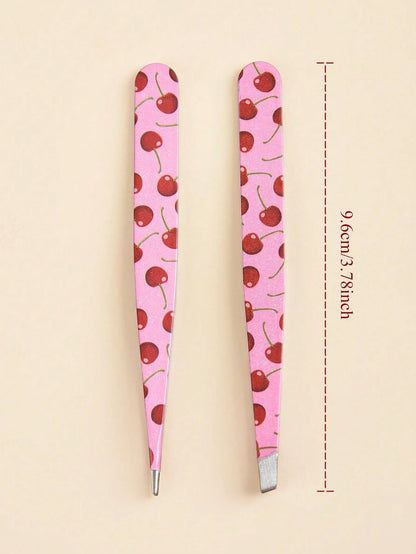 2pcs Fruit Print Tweezers, Cute & Practical Eyebrow Grooming Makeup Tool, High-Quality Stainless Steel Eyebrow Plucker, Suitable For Hair Removal, Picking And False Eyelashes, Nail Art Decoration, Eye