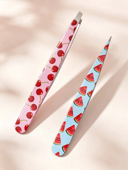 2pcs Fruit Print Tweezers, Cute & Practical Eyebrow Grooming Makeup Tool, High-Quality Stainless Steel Eyebrow Plucker, Suitable For Hair Removal, Picking And False Eyelashes, Nail Art Decoration, Eye