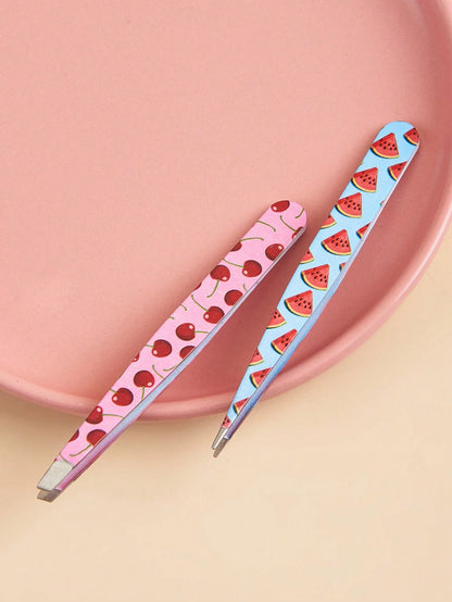 2pcs Fruit Print Tweezers, Cute & Practical Eyebrow Grooming Makeup Tool, High-Quality Stainless Steel Eyebrow Plucker, Suitable For Hair Removal, Picking And False Eyelashes, Nail Art Decoration, Eye