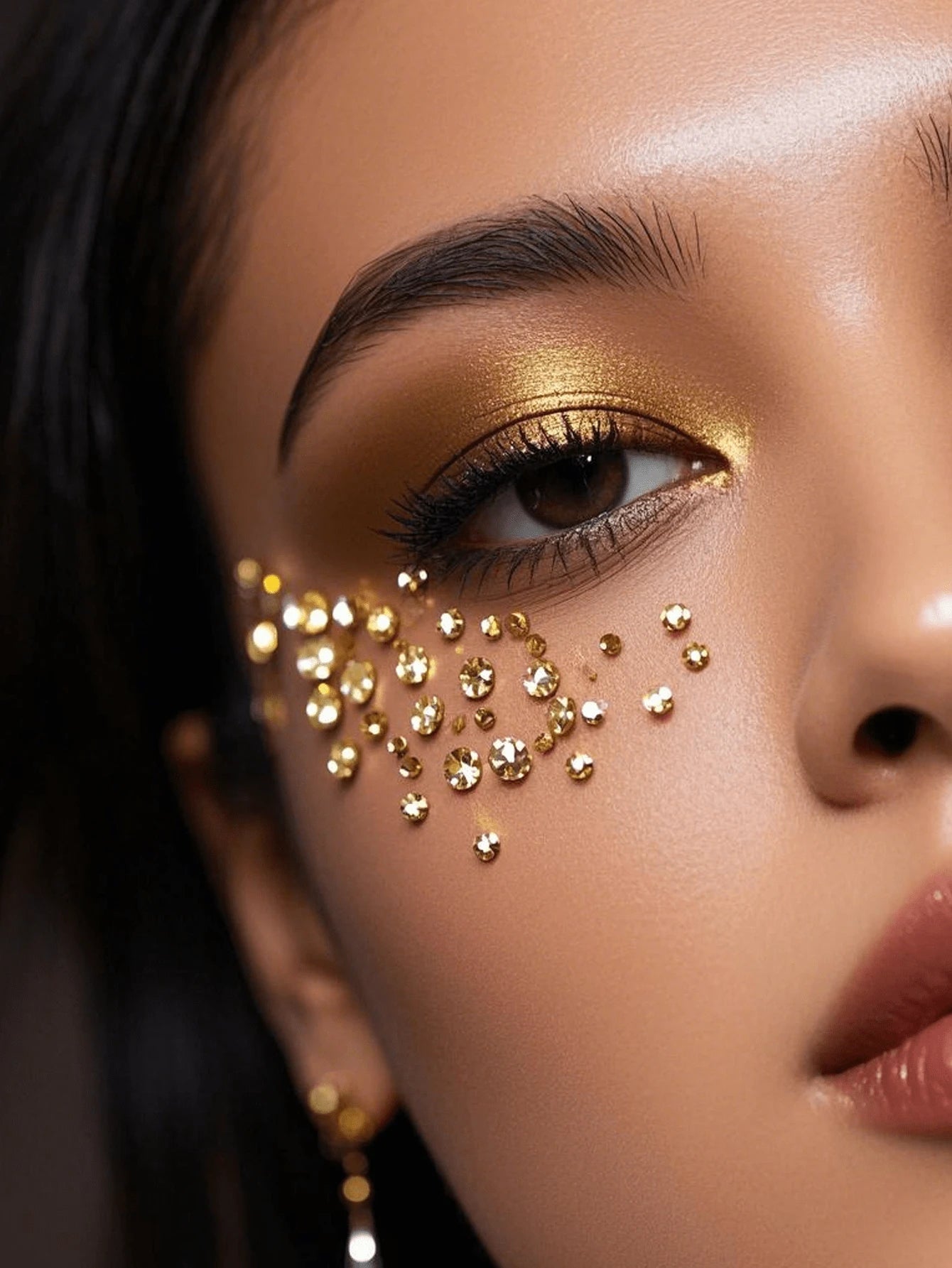 2pcs Gold Shiny Face Gems Stickers, Rave Party Makeup Rhinestone Stickers, Y2K Style Music Festival DIY Eye & Face Jewels, Valentine's Day Gift