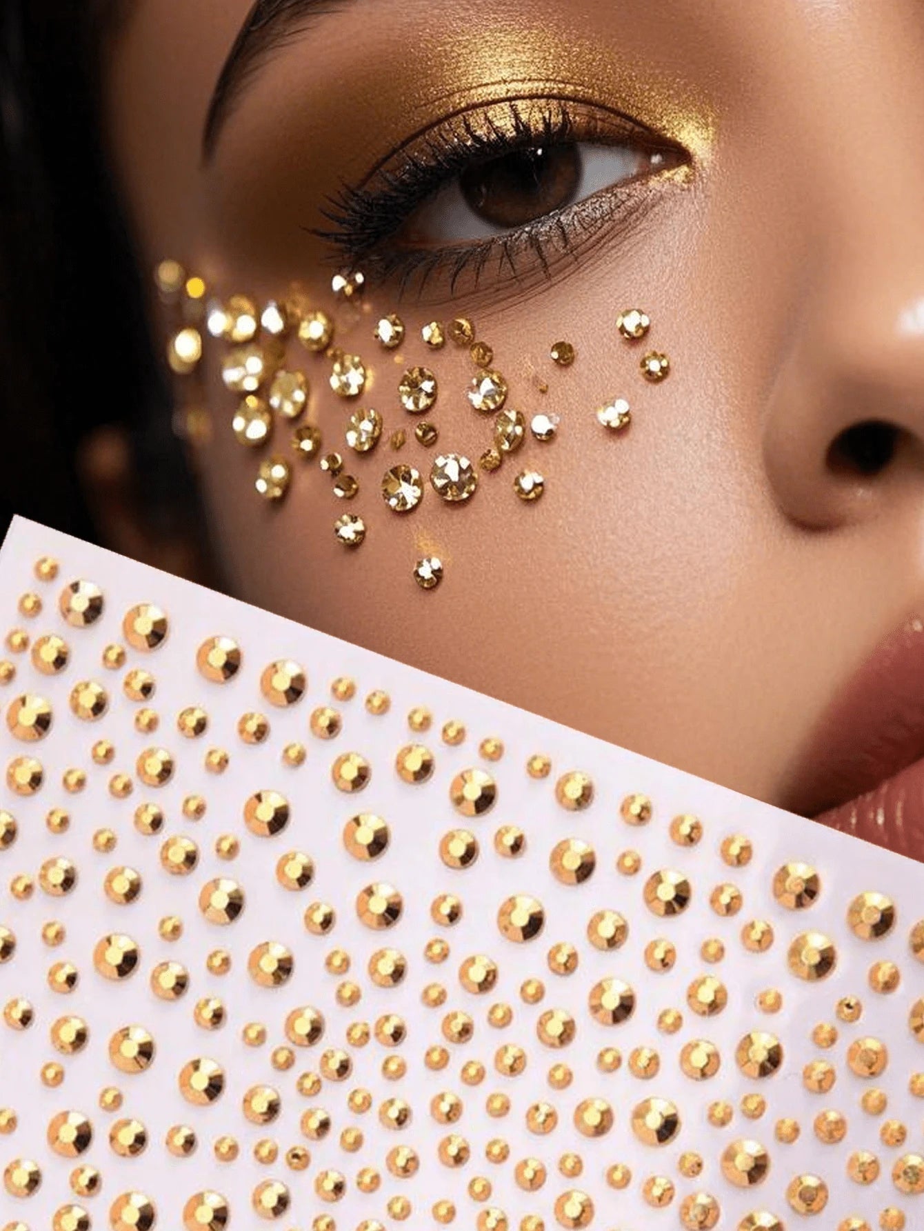 2pcs Gold Shiny Face Gems Stickers, Rave Party Makeup Rhinestone Stickers, Y2K Style Music Festival DIY Eye & Face Jewels, Valentine's Day Gift