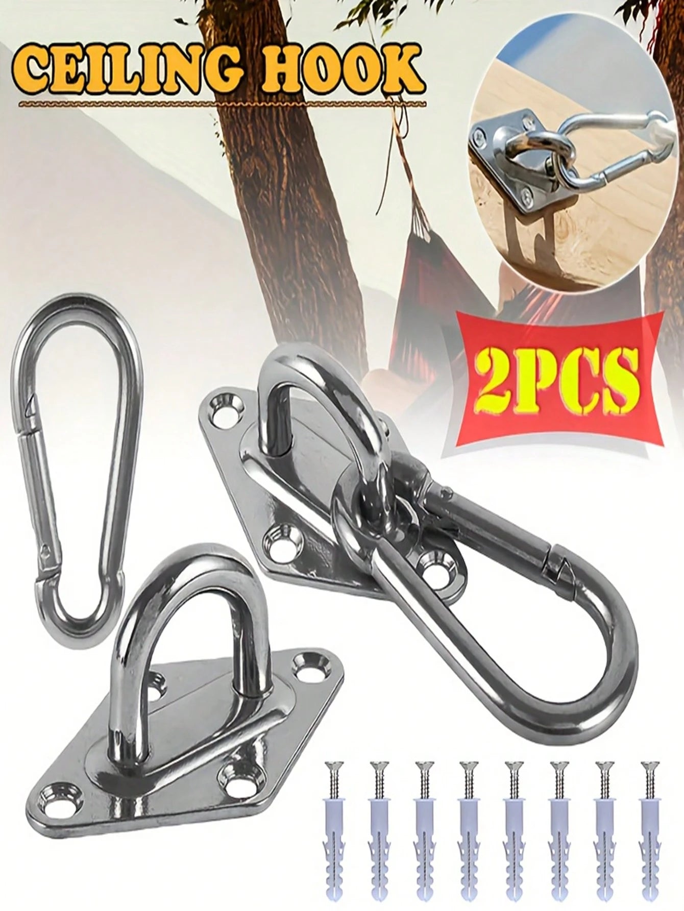 2pcs Heavy Duty Stainless Steel 304 Wall/Ceiling Mounted Hook- Eye Plate Included For Installation Of Stainless Steel Hammock Stand