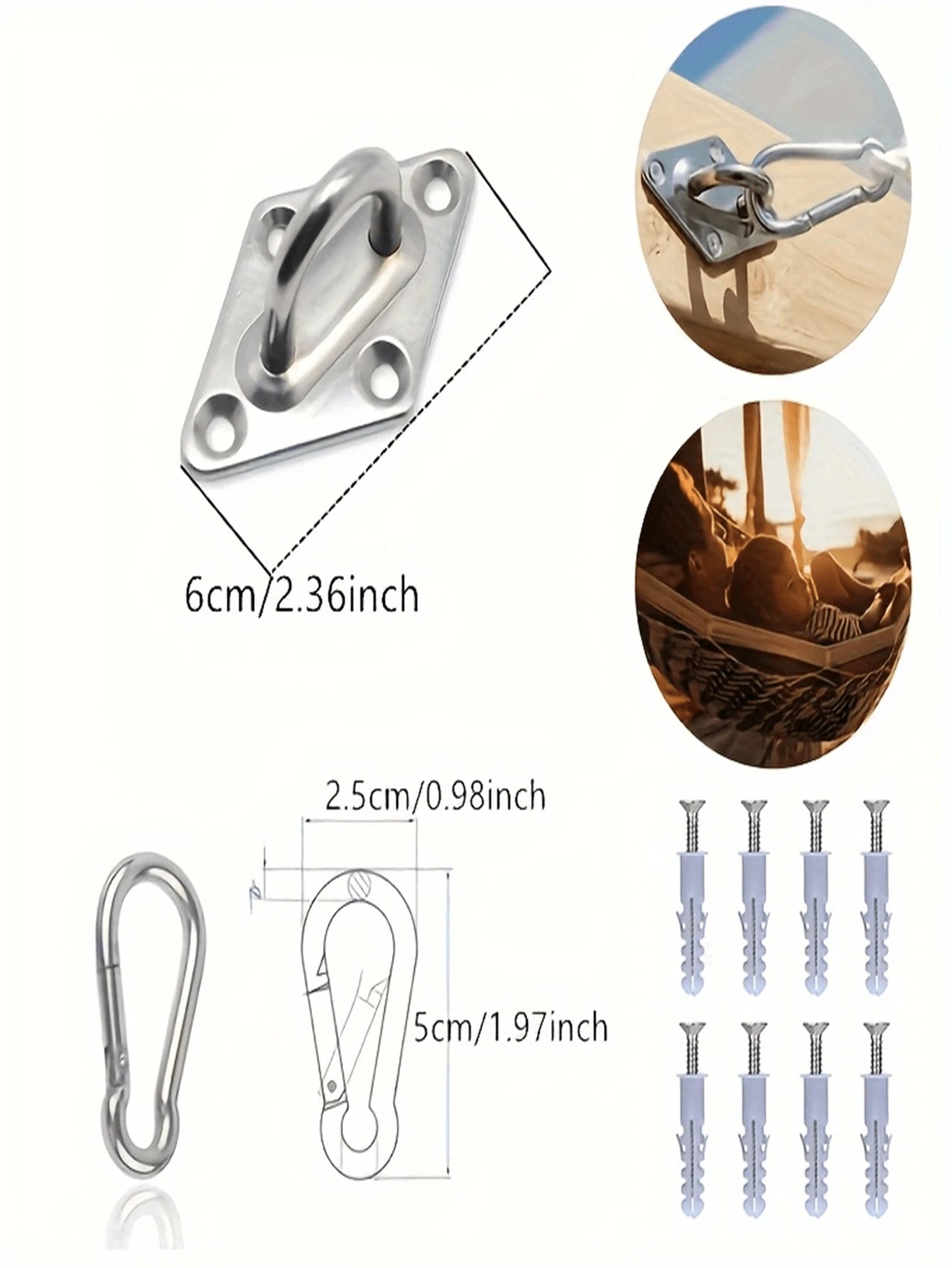 2pcs Heavy Duty Stainless Steel 304 Wall/Ceiling Mounted Hook- Eye Plate Included For Installation Of Stainless Steel Hammock Stand