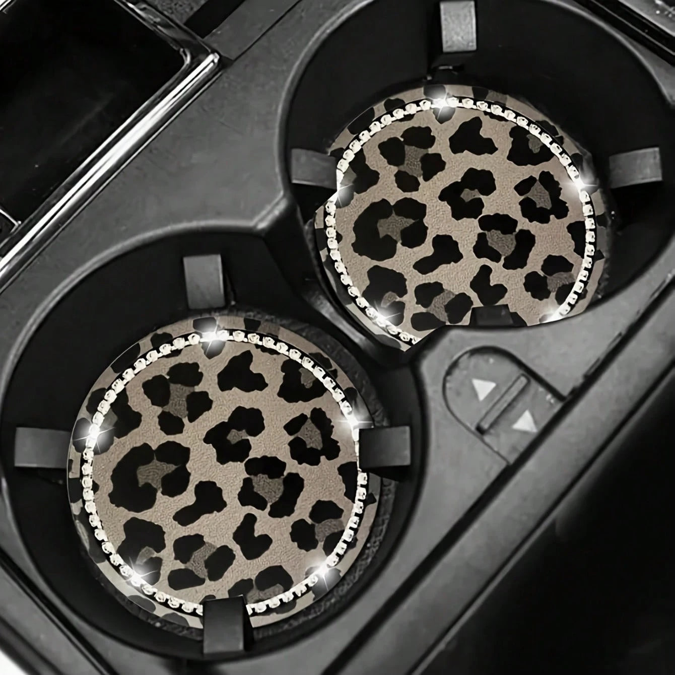2pcs Leopard Print Rhinestone Decorated Car Cup Holders, Car Interior Decor