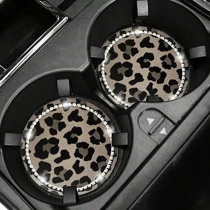 2pcs Leopard Print Rhinestone Decorated Car Cup Holders, Car Interior Decor