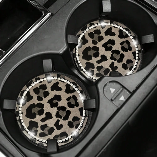 2pcs Leopard Print Rhinestone Decorated Car Cup Holders, Car Interior Decor