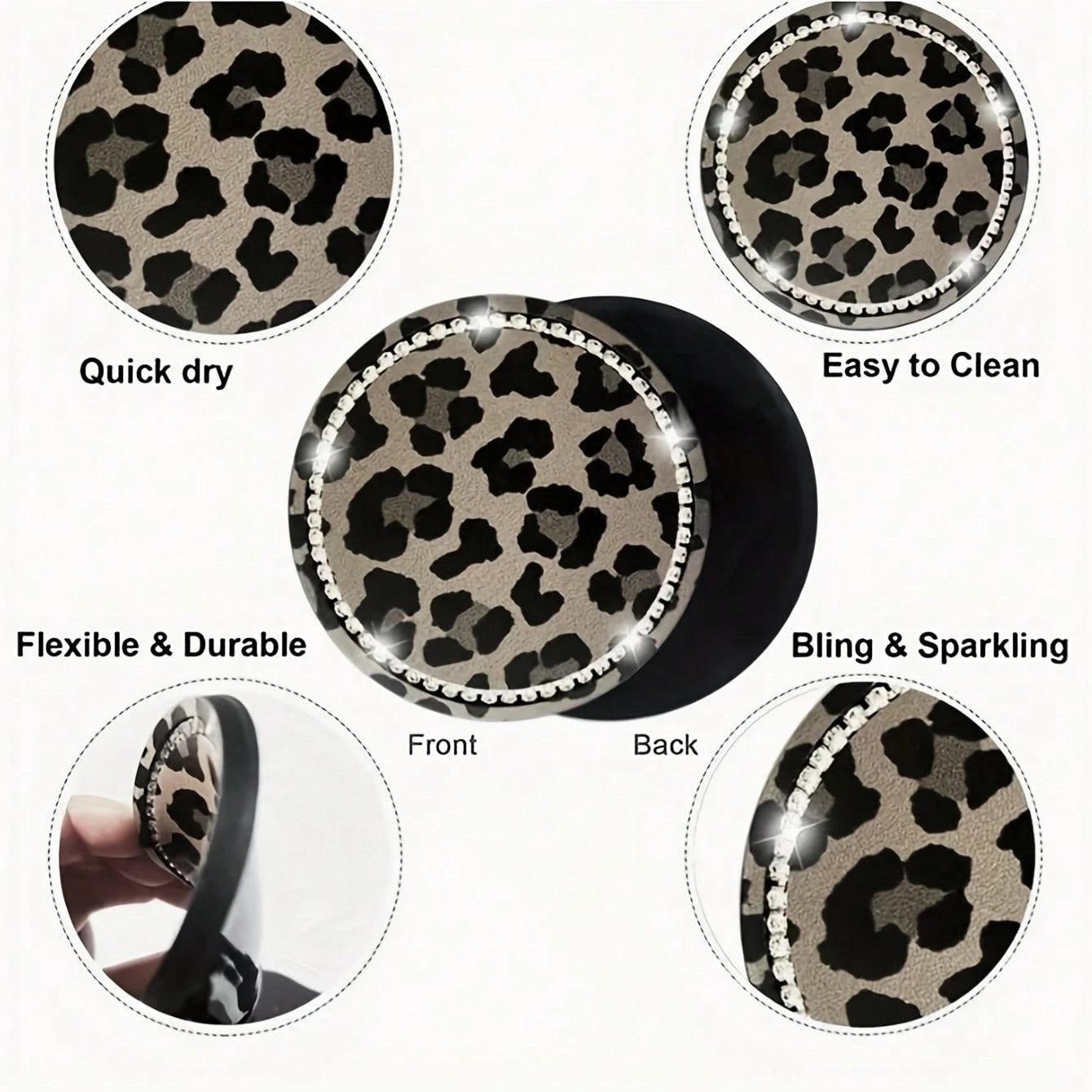 2pcs Leopard Print Rhinestone Decorated Car Cup Holders, Car Interior Decor
