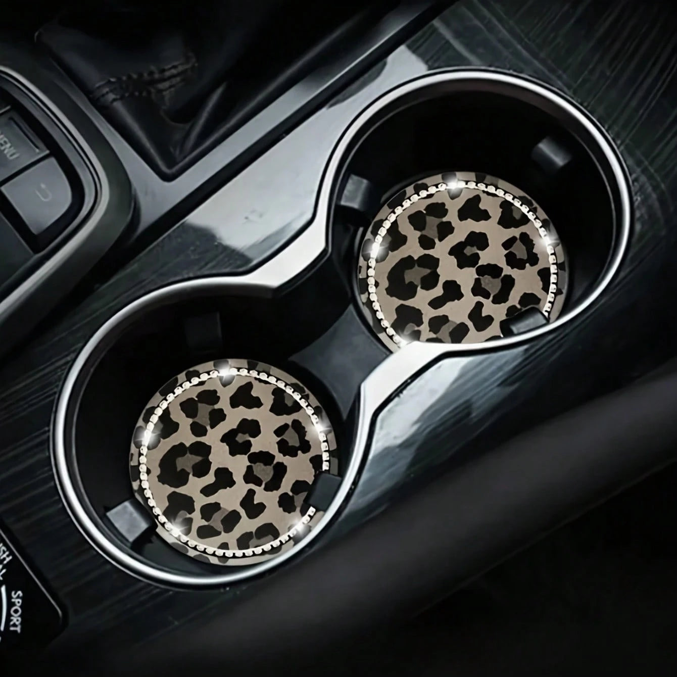 2pcs Leopard Print Rhinestone Decorated Car Cup Holders, Car Interior Decor