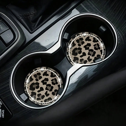 2pcs Leopard Print Rhinestone Decorated Car Cup Holders, Car Interior Decor